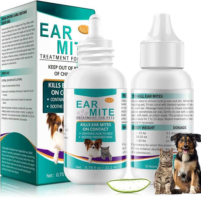Ear Mite Treatment for Dogs and Cats, Cat Ear Cleaner with Aloe Vera, Cleaner on Contact & Soothes Itching, Vet-Recommended Formula for Pets Ear Cleaning, Fast-Acting