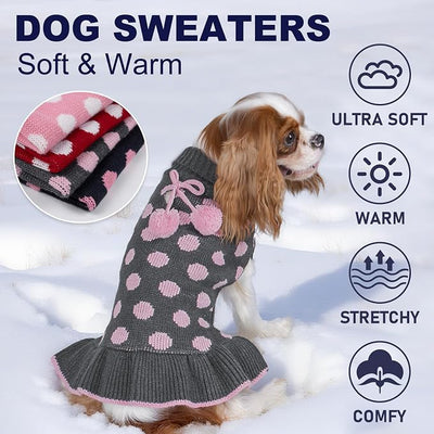 KYEESE Dog Sweater Dress with Leash Hole Turtleneck Dog Sweaters for Girl Large Dogs Polka Dot Knit Pullover Warm Pet Clothes for Fall Winter