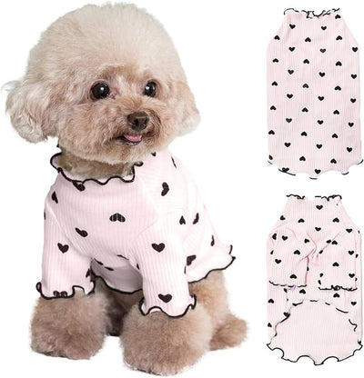 Pet Clothes for Small Dogs Cat Summer Fall Heart Print Shirt Stretchable Ruffle Long Sleeve Outfits for Chihuahua Schnauzer Shih Tzu Yorkie (Pink, Medium)