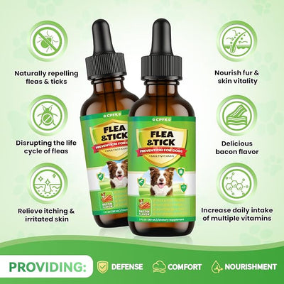 Flea and Tick Prevention for Dog, 60 ML (2 FL OZ) 2 Pack Natural Oral Flea and Tick Drops for Dogs Containing Multivitamin All Breeds and Sizes Fleas Control for Dogs Bacon Flavor