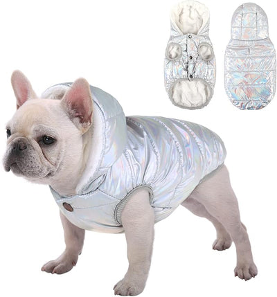 SAWMONG Waterproof Dog Winter Coat, Warm Fleece Lined Dog Jacket with Hood, Windproof Puppy Coat, Pet Apparel Vest for Outdoor&Indoor Winter Activities(Silver,L)