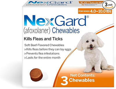 NexGard® (afoxolaner) Flea and Tick Protection for Dogs Oral Soft Beef Flavored Chewables, 4 to 10 lbs. (Orange Box) 3 Chews (3 Month Supply)