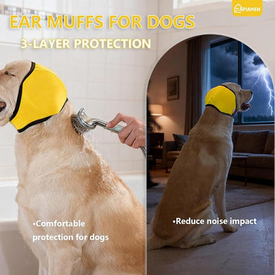 Dog Ear Covers,Dog Ear Muffs Noise Protection,No Flap Ear Wrap for Dogs Hematoma Recovery,Adjustable Calming Hoodie Shower Cap for Grooming,Bathing,Swimming & Anxiety Relief(Yellow,S)