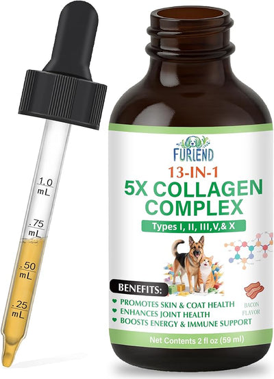 Premium 5X Organic Liquid Collagen for Dogs and Cats | Types I, II, III, V & X Collagen Peptides, MSM and Biotin for Joint, Skin, Coat Health & Immunity | Bacon Flavor 2 fl oz