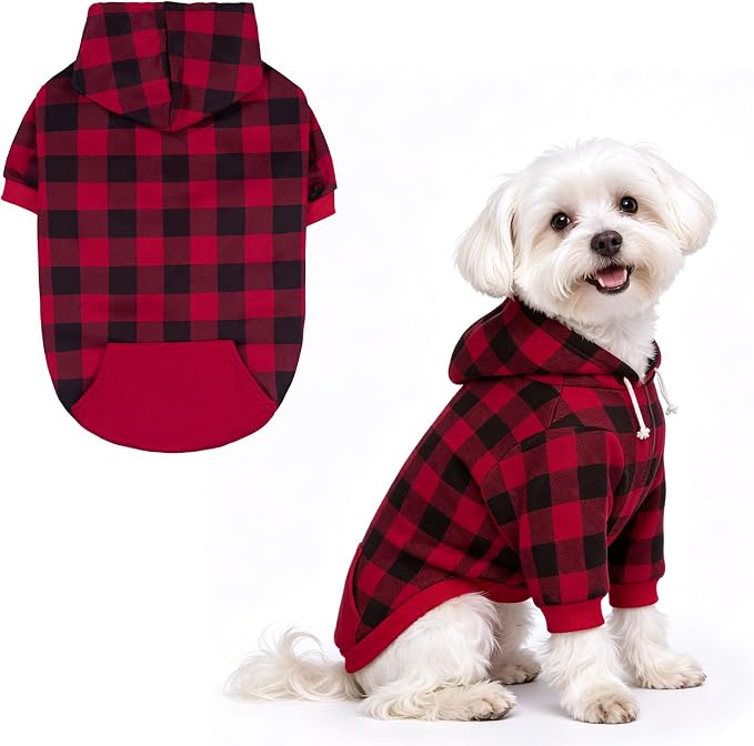 EXPAWLORER Plaid Dog Hoodie - British Style Warm Dog Sweater Shirt with Leash Hole,Pitbull Clothes Outfits,Winter Coat Apparel for All Breeds Puppy Girl Boy-Cat Apparel,Buffalo Check X-Small