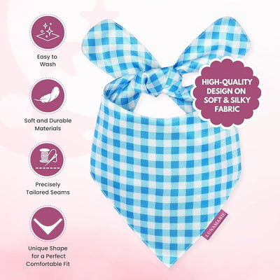 LunaMarie - Luxury Dog Bandanas - Puppy Bandanas Cat Accessories | Premium & Silky Fabric | 100% Handmade Quality | Custom Shape Dual Layered Small, Medium, Large Cat Scarf (Blue Checkers, Medium)