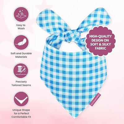 LunaMarie - Luxury Dog Bandanas - Puppy Bandanas Cat Accessories | Premium & Silky Fabric | 100% Handmade Quality | Custom Shape Dual Layered Small, Medium, Large Cat Scarf (Blue Checkers, Small)