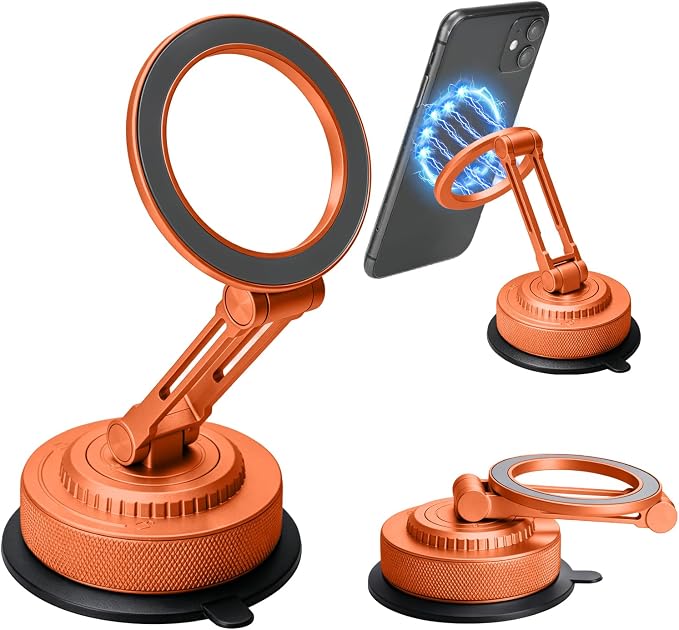 All-Metal Alloy Magnetic Suction Cup Car Phone Mount Holder Dash (Orange) | Strong Powerful Magnetic Heavy-Duty Suction Cup Windshield Dashboard Cell Mobile Phone Mount, Vehicle Bracket Holder for Car