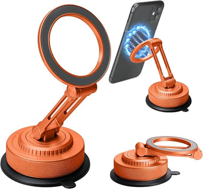 All-Metal Alloy Magnetic Suction Cup Car Phone Mount Holder Dash (Orange) | Strong Powerful Magnetic Heavy-Duty Suction Cup Windshield Dashboard Cell Mobile Phone Mount, Vehicle Bracket Holder for Car