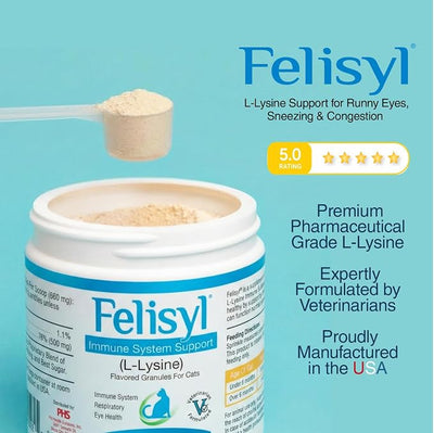 Felisyl L-Lysine Granules for Cats 100g (3.5 oz, 310 Servings) – Supports Immune, Respiratory, and Eye Health. Eases Sneezing, Runny Nose, and Watery Eyes. Tasty Salmon Flavor - Made in The USA