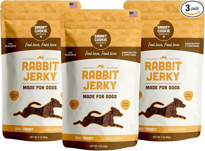 Smart Cookie Single Ingredient Rabbit Jerky Dog Treats - Training Treat Strips for Dogs and Puppies with Allergies, Sensitive Stomachs - Dehydrated, 100% Meat, Grain Free, Made in USA - 3oz, Pack of 3