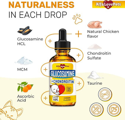 Liquid Glucosamine for Cats with Chondroitin – Taurine for Cats Works for Hips, Ligaments, Muscles, Circulation Maintenance – Cat Supplements with Natural Chicken Flavor 2-oz Bottle
