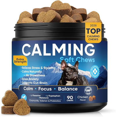 Calming Chews for Dogs 90pc Dog Calming Chews - Anxiety Relief Relaxing Calm Dog Melatonin Treats,Bites for Puppy,Small-Large Dogs Anxiety,Daily Stress & Separation,Fireworks, Thunder, Barking Support