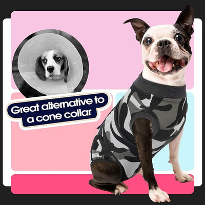FUAMEY Dog Recovery Suit Male,Dogs Surgery Neuter Suits Puppy Spay Shirts for Female Protect Dog's Skin Anti Licking Abdominal Wounds Doggie Onesie Pet Bodysuit Alternative to Cone Grey Camouflage XS