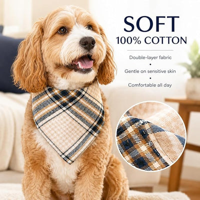 Dog Bandana Beige Navy Plaid 100% Cotton,Soft Adjustable Snap Closure,Large