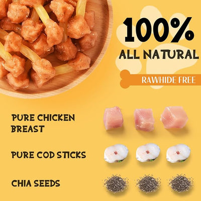 Dog Treats Chews, Chicken Wrapped Cod Dumbbell, Rawhide Free & Grain Free Chewy Training Snacks