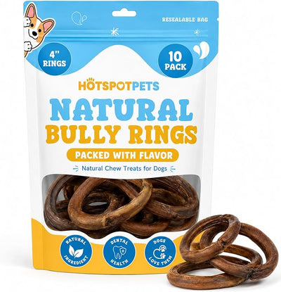 hotspot pets Bully Stick Rings for Dogs (10 Pack) 4 Inch Circles- Premium All Natural Long Lasting Twisted Beef Pizzle Dog Chew Treats - Grain Free, Fully Digestible, Rawhide Alternative Thick Chews