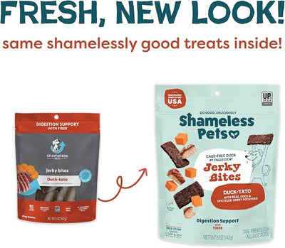 Shameless Pets Jerky Bites Treats, Duck-Tato - Healthy Dog Chews for Digestion Support with Fiber - Dog Treats with Real Cage-Free Duck - Free from Grain, Corn & Soy - 1-Pack