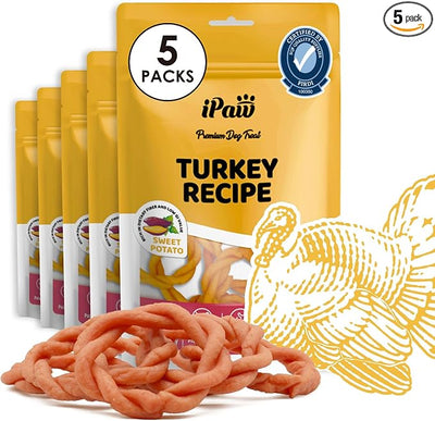 iPaw 5 Stock-Up Combo Turkey Dog Treats, SQF Certified Human Grade Dog Treat, Suitable for Training Chew, Hypoallergenic, Rawhide Alternative, Ring (Sweet Potato), 5 Packs