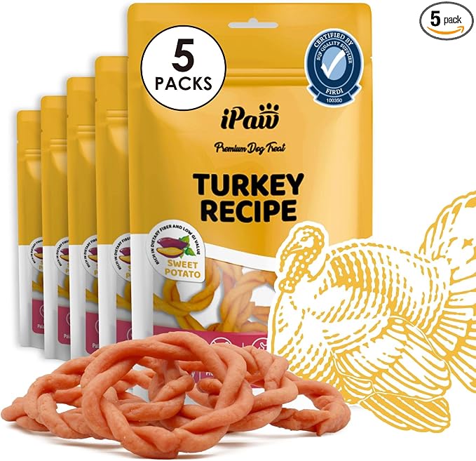 iPaw 5 Stock-Up Combo Turkey Dog Treats, SQF Certified Human Grade Dog Treat, Suitable for Training Chew, Hypoallergenic, Rawhide Alternative, Ring (Sweet Potato), 5 Packs
