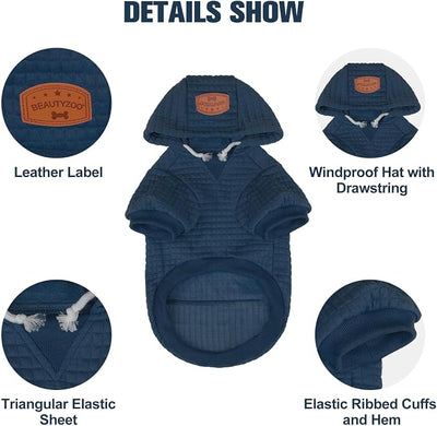 BEAUTYZOO Small Dog Hoodie Sweater with Pockets, Dog Clothes for Small Medium Dogs Boy Girl, Waffle-Like Laminated Pet Coats with Hat and Leash Hole, Navy Blue S