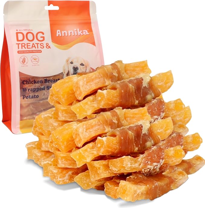 Annika Dog Treats – Grain-Free Chicken Wrapped Sweet Potato Chews, High Protein, Human-Grade Natural Jerky for Small, Medium & Large Dogs, 11.6 oz
