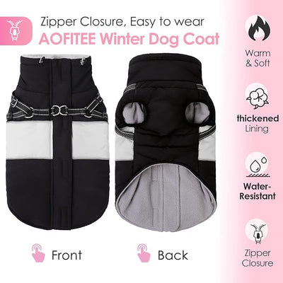 AOFITEE Dog Winter Coat, Dog Coat with Harness Built in, Dogs Jacket for Large Dogs, Reflective Waterproof Pet Puffer Jacket Snowsuit, Warm Fleece Windproof Pet Sweater for Cold Weather, XL
