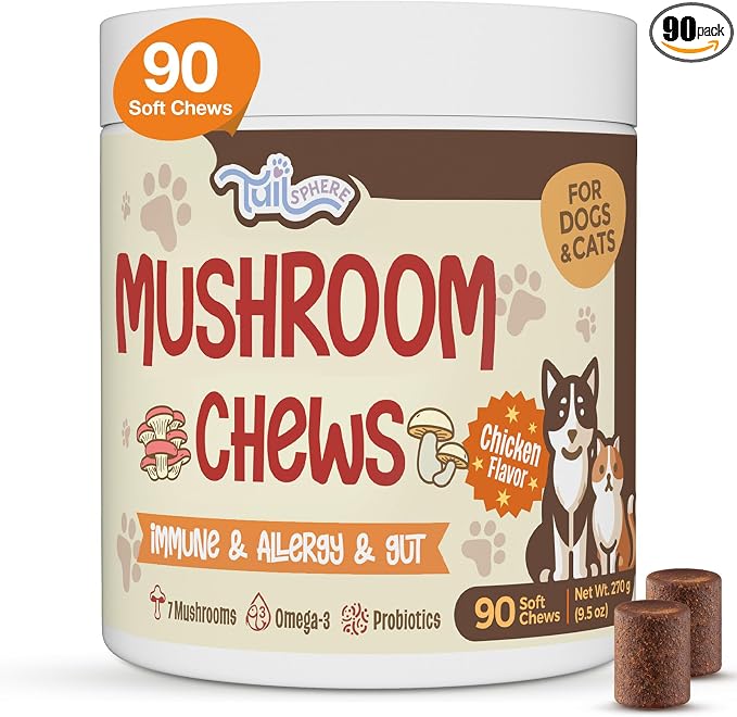 Turkey Tail Mushroom for Dogs, TailSphere 12-in-1 Mushroom Chews for Dog Immune, Gut, Skin & Coat Support, 7-Mushroom Blend with Reishi & Lion’s Mane, Probiotics & Omega-3, Chicken Flavor, 90 Count