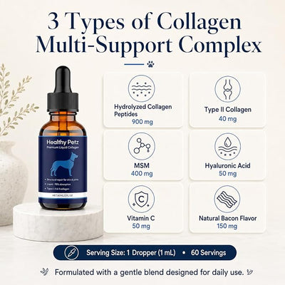 Healthy Petz Premium Liquid Collagen for Dogs, Skin & Coat Supplement with Collagen, Hyaluronic Acid & Vitamins C for Everyday Care, 60 ml/2 fl oz