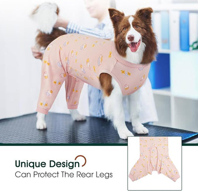 Kuoser Dog Recovery Suit with Anti Licking Rear Leg Sleeve, PinkCake 4XL | Abdominal Dog Surgical Suit with Pants Cover Protect Wounds, Dogs Elbow Protector Soft Pet Surgery Onesie Cone Alternative