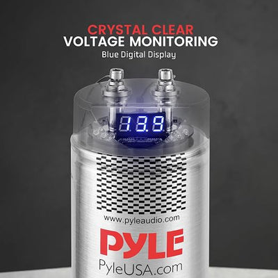 Pyle 5.0 Farad Digital Power Capacitor for Car Audio Systems - LED Voltage Display, Over Voltage Protection, 12-24V DC, Chrome Terminals, Mounting Hardware Included, PLCAPE50