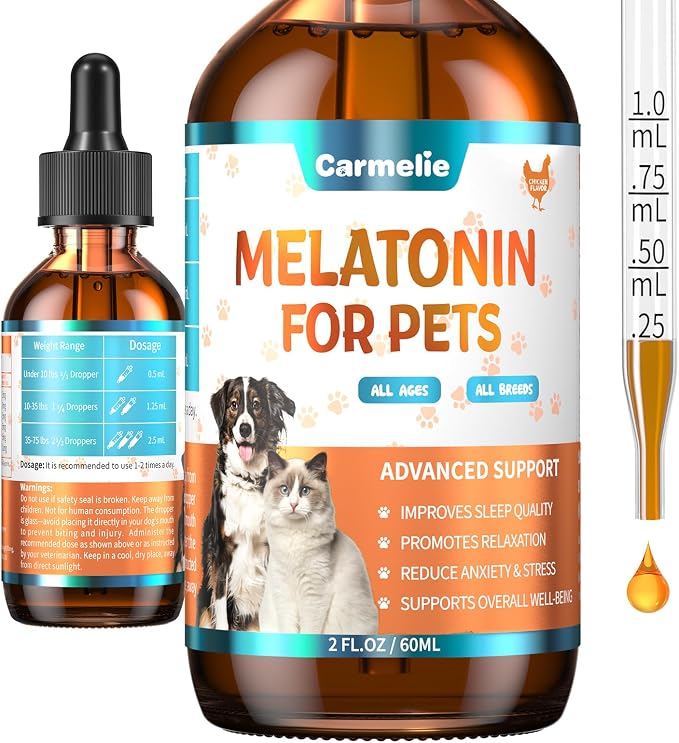 Melatonin for Pets, Dog Melatonin, Dog Sleep Supports, Melatonins for Cats, Supports Relaxation Dogs & Cat, Calm Behavior in Dogs, Helps Restful Sleep, Chicken Flavor 60ml