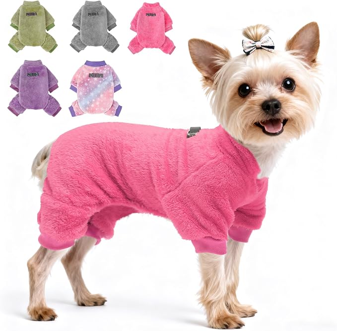PAWCHIE Dog Fuzzy Velvet Pajamas,Dog Sweater Winter Cloth for Small Dogs Cat,Boy Girl,Pet Jumpsuit, Doggy Apparel for Teacup Yorkie Chihuahua,Pink,SM