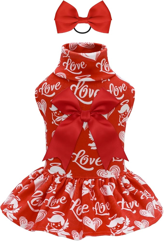 CuteBone Turtleneck Dog Velvet Dress Valentine's Day Puppy Skirt Costume Pet Clothes Cat Apparel with Bow Hair Rope for Small Dogs CVD19L