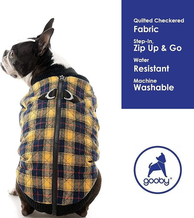 Gooby Fashion Vest Check Dog Jacket - Yellow Check, Large - Warm Zip Up Bomber Vest Dual D Ring Leash - Winter Water Resistant Sweater - Clothes for Small or Medium Dogs