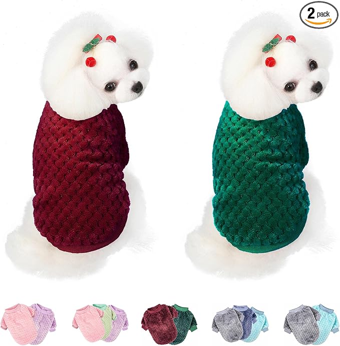 Dog Sweater, 2 Pack Dog Sweaters for Small Medium Dogs or Cat, Warm Soft Flannel Pet Clothes for Dogs Girl or Boy, Dog Shirt Coat Jacket (Small, Dark Red+Dark Green)