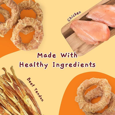 Jungle Calling Beef Tendons for Adult Dogs, Chicken Wrapped Tendons Dog Chews Long Lasting Hip and Joint Supplement for Dogs with Glucosamine (Ring) (Pack of 2)