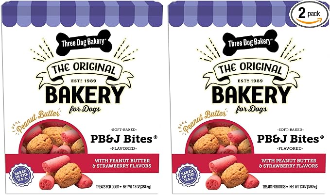 ThreeDog Bakery Soft Baked PB&J Bites Dog-Treats, Peanut Butter and Strawberry Flavor, Soft and Chewy Dog Cookies, Baked in The USA, 13 oz,(Pack of 2)