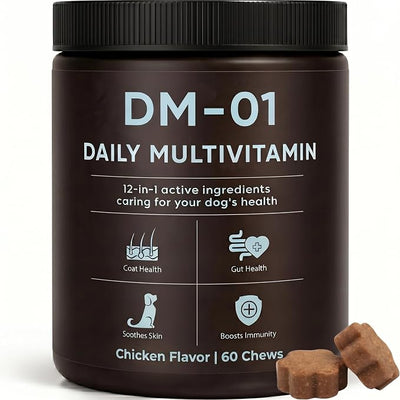 DM-01 Daily Multivitamin, Multivitamin Itch Relief Chews for Dog (Chicken) | with Folic Acid, Salmon Oil, Chondroitin & Natural Vitamins, Skin and Coat Healthy, Digestive & Boost Immunity, 60 Chews