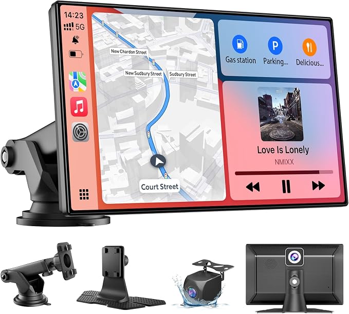 9" Wireless Apple CarPlay & Android Auto Car Screen with 4K Dash Cam, Portable Touchscreen Display with 1080p Backup Camera, GPS Navigation, Mirror Link, Bluetooth 5.0, FM Transmitter & Voice Control