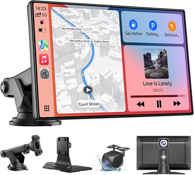 9" Wireless Apple CarPlay & Android Auto Car Screen with 4K Dash Cam, Portable Touchscreen Display with 1080p Backup Camera, GPS Navigation, Mirror Link, Bluetooth 5.0, FM Transmitter & Voice Control