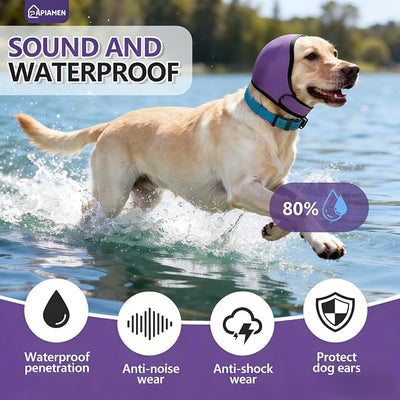 Dog Ear Cover for Hematoma,Bathing,Grooming,Drying,Fashion No Shake Ear Wraps for Dogs Ear Muffs Noise Protection Anxiety Relief,Waterproof Dog Calming Hoodie Shower Cap(Purple,L)