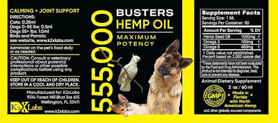 Buster's Organic Hemp Oil for Dogs and Cats, Economy 4PACK-8MTH-Supply, Large 60ml Bottle, Made in USA - Miracle Formula, Perfectly Balanced Omega 3, 6, 9 - Supports Joints