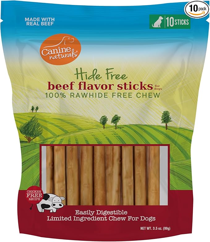 Canine Naturals Beef Chew - Rawhide Free Dog Treats - Made With Real Beef - Poultry Free Recipe - All-Natural and Easily Digestible - 10 Pack of 5 Inch Stick Chews