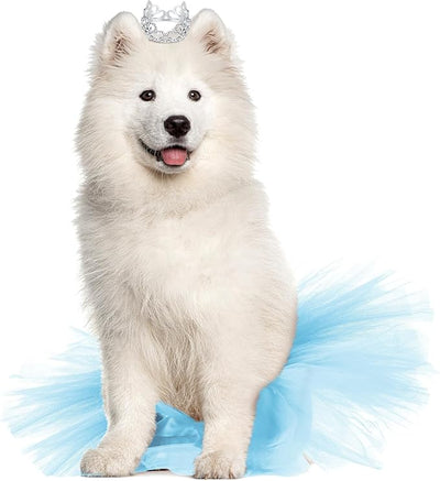 2 Pcs Dog Crown Headband Dog Tutu Dress Set Crystal Rhinestone Tiara Crown Tutu Skirt Pet Dress Costume for Puppy Birthday Party Wedding Photo Prop Costume(Blue,Large)
