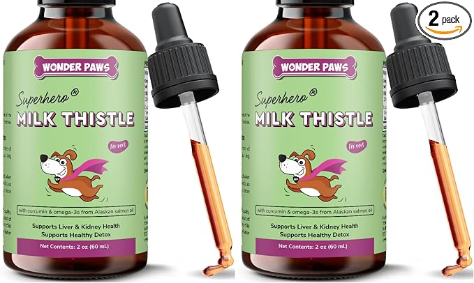 Wonder Paws Milk Thistle, Liver Support for Dogs, Supports Kidney Function for Pets, Detox, Hepatic Support, with Wild Alaskan Salmon Oil & Curcumin, Omega 3 EPA & DHA (2 Oz) (Pack of 2)