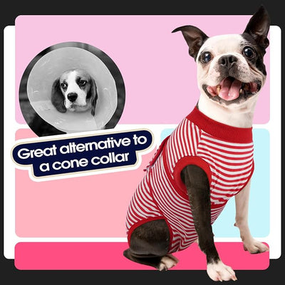 FUAMEY Dog Recovery Suit Male,Dogs Surgery Neuter Suits Puppy Spay Shirts for Female Protect Dog's Skin Anti Licking Abdominal Wounds Doggie Onesie Pet Bodysuit Alternative to Cone Red Stripes L
