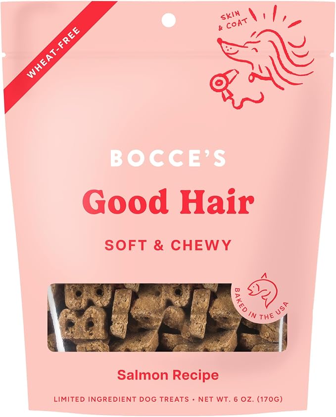 Bocce's Bakery Dailies Good Hair Dog Treats for Skin & Coat Support, Wheat-Free Dog Treats, Made with Real Ingredients, Baked in The USA, Natural Soft & Chewy, Salmon Recipe, 6 oz