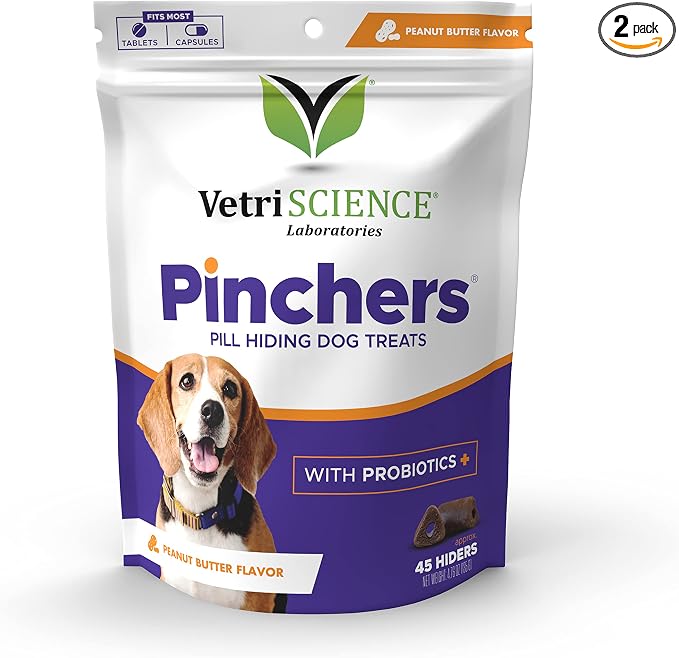 VetriScience Extra Large Pinchers Pill Hiders Chews Non-Greasy Pill Wrap with Probiotics for Dogs, Disguise Pills, Capsules & Tablets, Gut & Immune Health, Peanut Butter, 45 Counts, 2 Pack