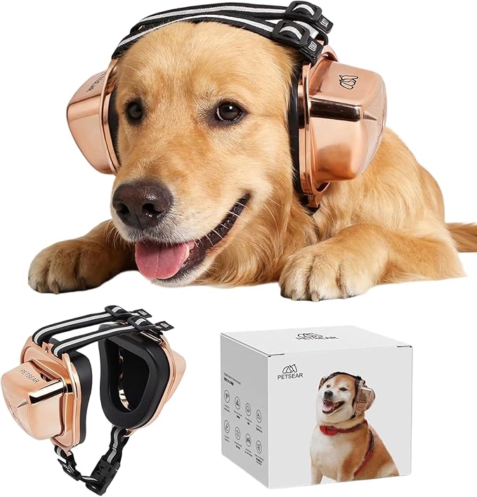PETSEAR Dog Ear Muffs Noise Protection,Dog Headphones Noise Cancelling 29dB NRR with Magnetic Buckle & Electroplated Finish, Anti-Anxiety Earmuffs for Fireworks,Thunderstorms,Travel(Gold,XXXS)